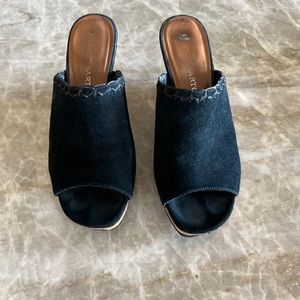 Franco Sarto Black Suede Cork Wedge Slip on Platform Sandals Size 9.